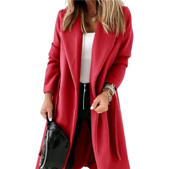Womens Classic Coat Lapel Collar Open Front Red - Picture 2 of 5